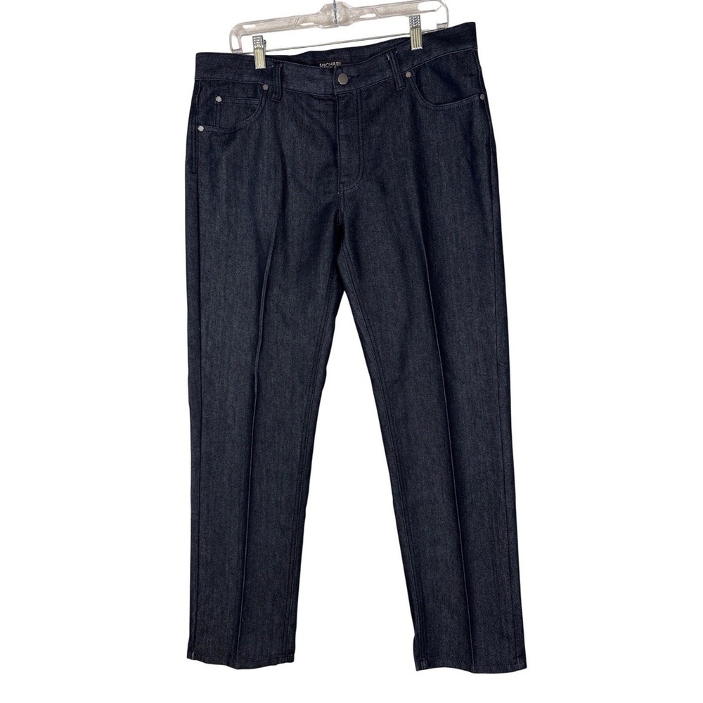 Michael Kors Mens Dark Wash Straight Leg Denim Jeans Blue 36x30 MK Logo Patch